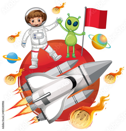 Isolated astronaut and alien on Mars planet