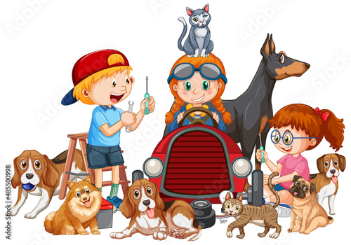 Happy children with their dogs