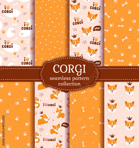 Corgi seamless pattern collection with cute welsh corgi puppies, as well as abstract backgrounds. Vector collection with funny dog characters.