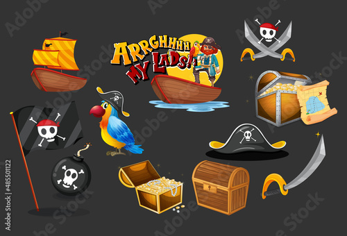 Set of pirate cartoon characters and objects