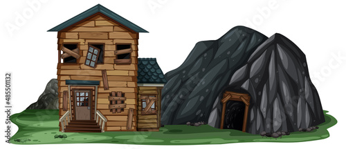 An abandoned house with a rock cave on white background