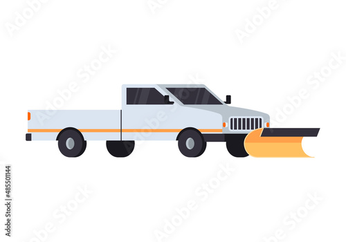 Snow plow truck blades attached to personal car, flat vector illustration isolated on white background.