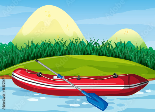 Inflatable boat with paddle in nature scenery