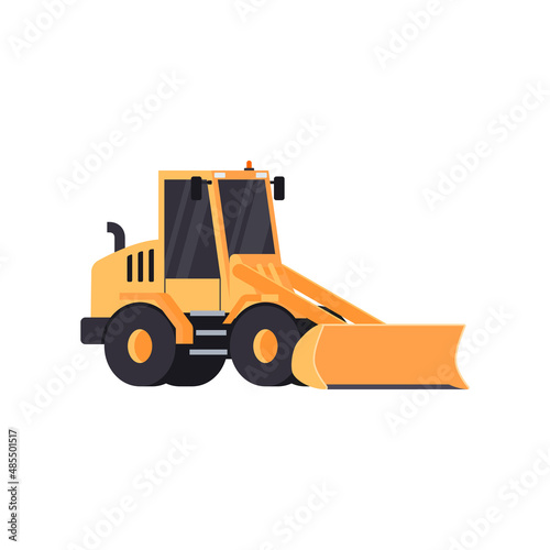 Small snowplow tractor for streets and roads cleaning, flat vector illustration isolated on white background.