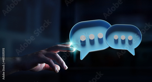 Man touching with his fingers digital speech bubbles talk icons. Minimal conversation or social media messages floating in front of businessman hand. 3D rendering
