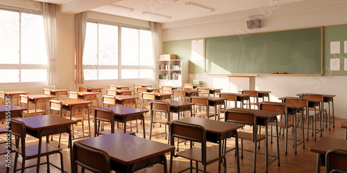 爽やかな朝日が差し込む無人の教室 / スクールライフ・学園ロケーション・青春とノスタルジーのコンセプトイメージ / 3Dレンダリンググラフィックス