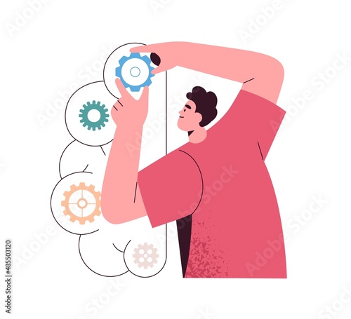 Person fixing gears, changing settings of complex business system. Analysis, logic thinking concept. Analyst with cogwheels, configuration setup. Flat vector illustration isolated on white background
