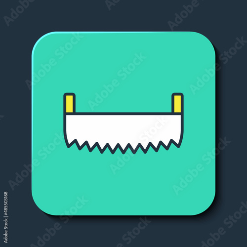 Filled outline Two-handed saw icon isolated on blue background. Turquoise square button. Vector