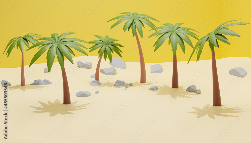 3d illustration of the island along with sand, rocks and coconut trees in the summer, suitable for your background in the summer.