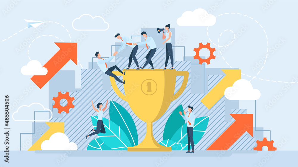 Team building concept. Business illustration. Teamwork, cooperation. The leader helps the team members to succeed. The metaphor of development, presentation, teambuilding. Vector flat design style. Team building concept. Business illustration. Teamwork, cooperation. The leader helps the team members to succeed. The metaphor of development, presentation, teambuilding. Vector flat design style.