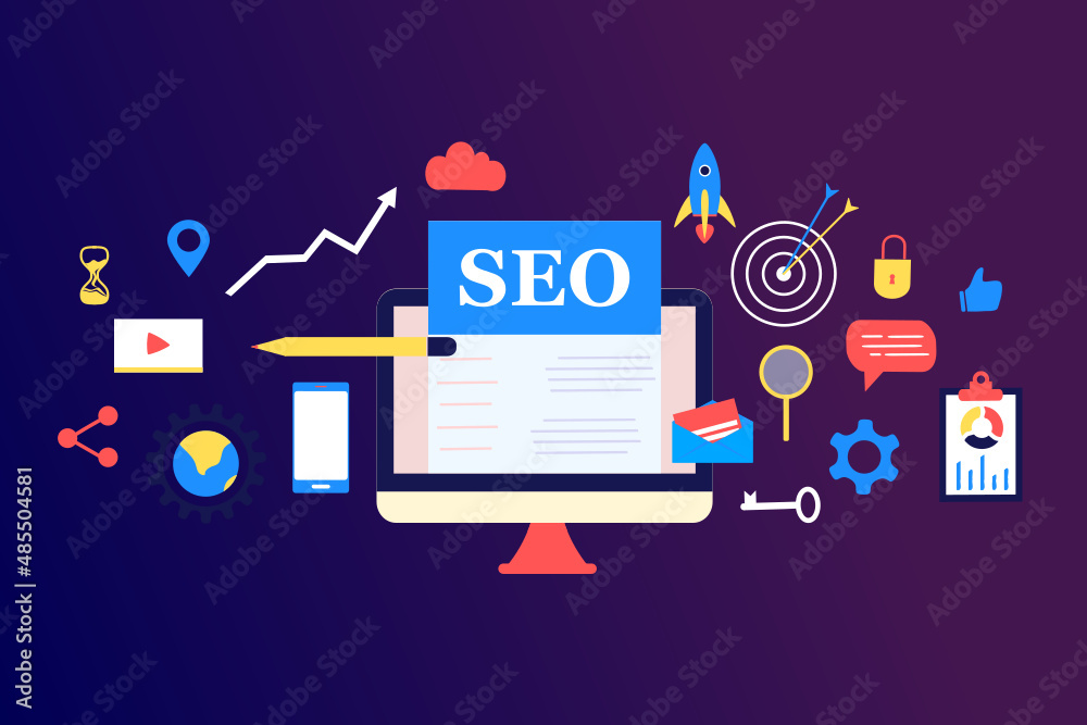 Landing page of SEO Search Engine Optimization modern flat design isometric template. Conceptual SEO analysis and optimization, SEO strategies and marketing concept vector illustration for web site.