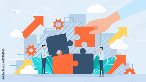 Teambuilding concept. Business illustration. The tiny characters connecting puzzle elements. The metaphor of teamwork, cooperation, team building, presentation, development. Vector flat design style.