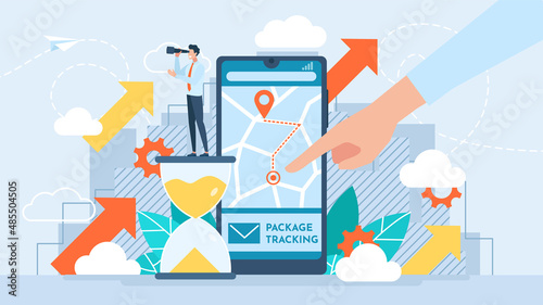 Package Tracking. Express Delivery. Courier service. Online package tracking on the mobile app via GPS. Awaiting delivery. E-commerce concept. Online order. Cartoon flat design. Vector illustration