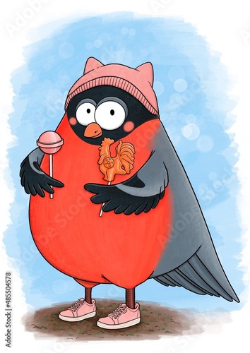 Funny bullfinch in hat wit two lollipops