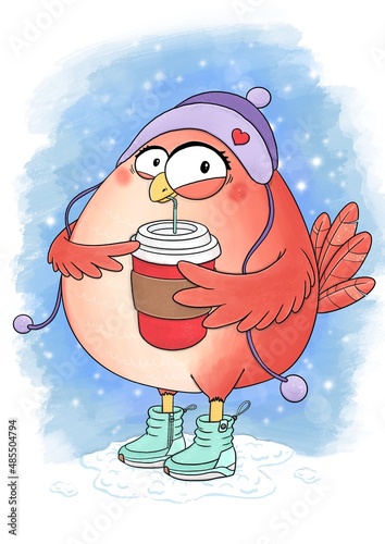 Funny bird in hat with coffee, cappuccino