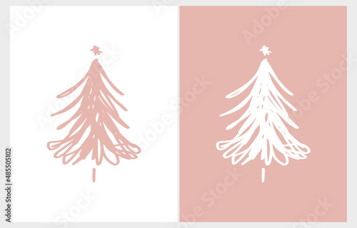 Winter Holidays Vector Card with Crayon Drawing Style Christmas Trees on a White and Light Blush Pink Background. Pine Trees made of Scribbles. No text.