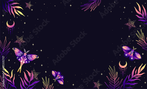 Magic violet background with moon, crescent, butterfly and herbs, place for text. Astrological banner with stars, cosmic pattern. Doodle vector illustration