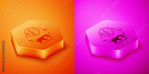 Isometric NFT Digital crypto art icon isolated on orange and pink background. Non fungible token. Hexagon button. Vector
