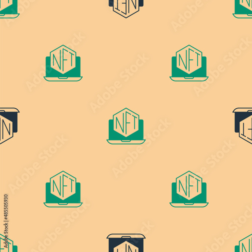 Green and black Laptop with art store app icon isolated seamless pattern on beige background. Technology of selling NFT tokens for cryptocurrency. Non fungible token concept. Vector