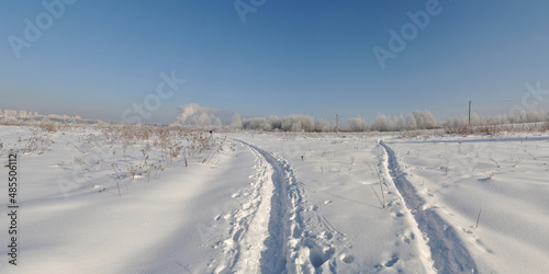 Winter walk through forests and fields  beautiful panorama.