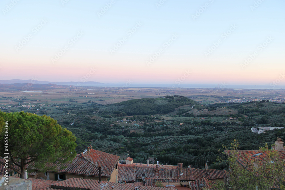 panoramic view from the Rocca San Silvestro located in the medieval village of the San Silvestro Archaeological Mines Park in Campiglia Marittima, Tuscany.