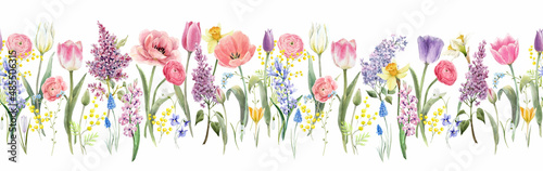 Beautiful seamless horizontal floral pattern with watercolor spring flowers. Stock illustration.