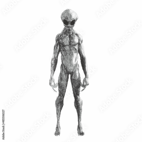 Humanoid alien. Isolated on white background. Vector illustration. Doodle sketch.