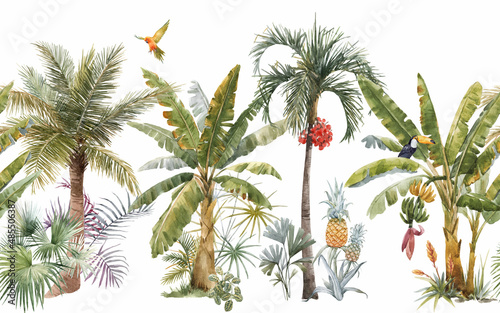 Beautiful tropical horizontal seamless pattern with watercolor hand drawn palm trees. Stock illustration.