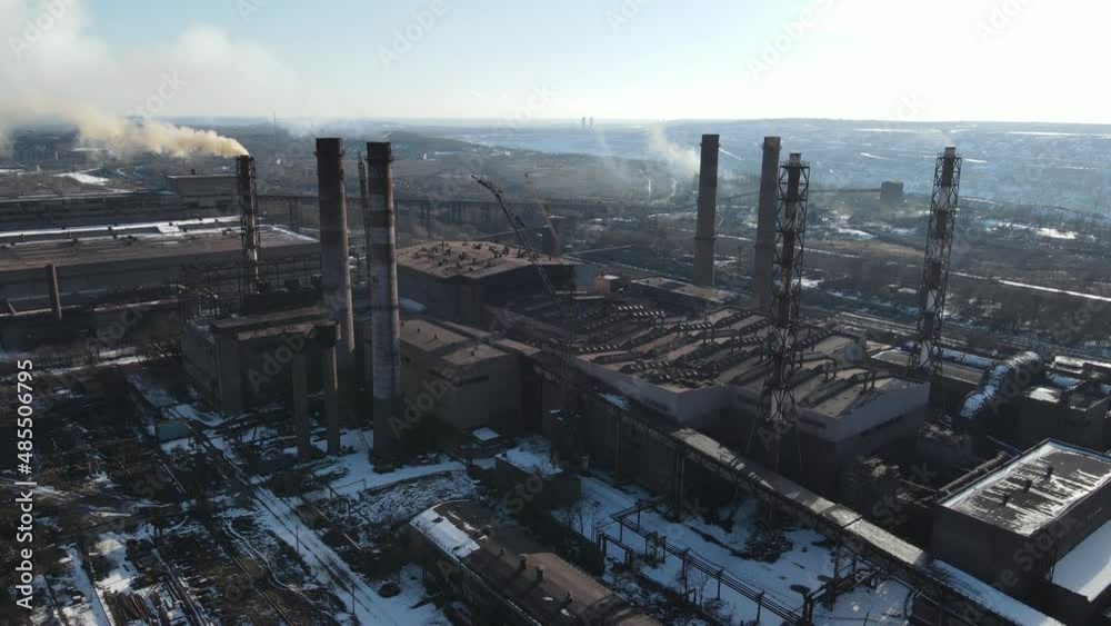 ironworks factory top view drone flight smoke from chimneys ironworks factory top view drone flight smoke from chimneys