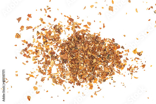 Pile of dried tobacco isolated on a white background, top view.