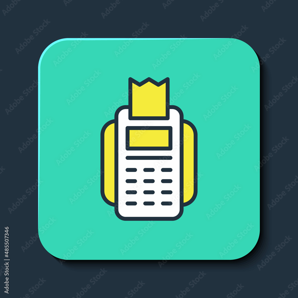 Filled outline POS terminal with inserted credit card and printed reciept icon isolated on blue background. NFC payment concept. Turquoise square button. Vector Filled outline POS terminal with inserted credit card and printed reciept icon isolated on blue background. NFC payment concept. Turquoise square button. Vector