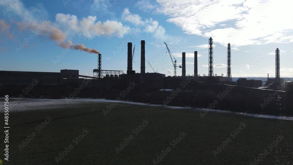 ironworks factory top view drone flight smoke from chimneys ironworks factory top view drone flight smoke from chimneys