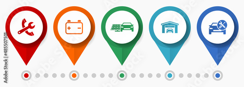 Auto serivce, car repair concept vector icon set, flat design pointers, infographic template