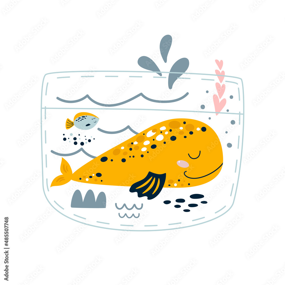 Whale in pocket. Cute cartoon whale, fish, corals, seaweeds. Underwater life picture book concept illustration. Whale under the sea. Ocean life vector print. Funny sea life graphic element. Whale in pocket. Cute cartoon whale, fish, corals, seaweeds. Underwater life picture book concept illustration. Whale under the sea. Ocean life vector print. Funny sea life graphic element.