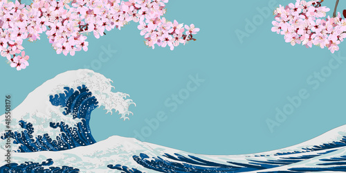 Cherry blossoms in full bloom and Hokusai's Japanese ukiyo-e style waves, spring sea, vector illustration, graphic, copy space, website, banner, header, sign, poster, nature, spring, botanical