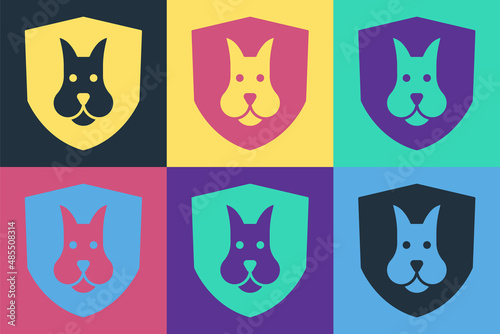 Pop art Animal health insurance icon isolated on color background. Pet protection concept. Dog or cat paw print. Vector