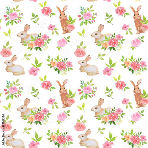 Watercolor seamless pattern with Easter bunnies and flower bouquets. Spring colorful decor with hand drawn illustrations on white background