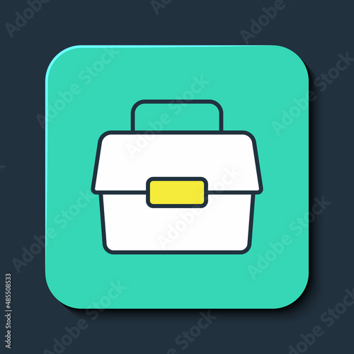 Filled outline Case or box container for wobbler and gear fishing equipment icon isolated on blue background. Fishing tackle. Turquoise square button. Vector