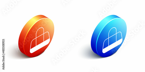 Isometric Sport bag icon isolated on white background. Orange and blue circle button. Vector