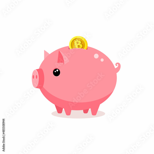 Concept of Crypto currency. Piggy bank with bitcoin isolated on white background. Blockchain. Bitcoin saving or accumulation of money, investment.