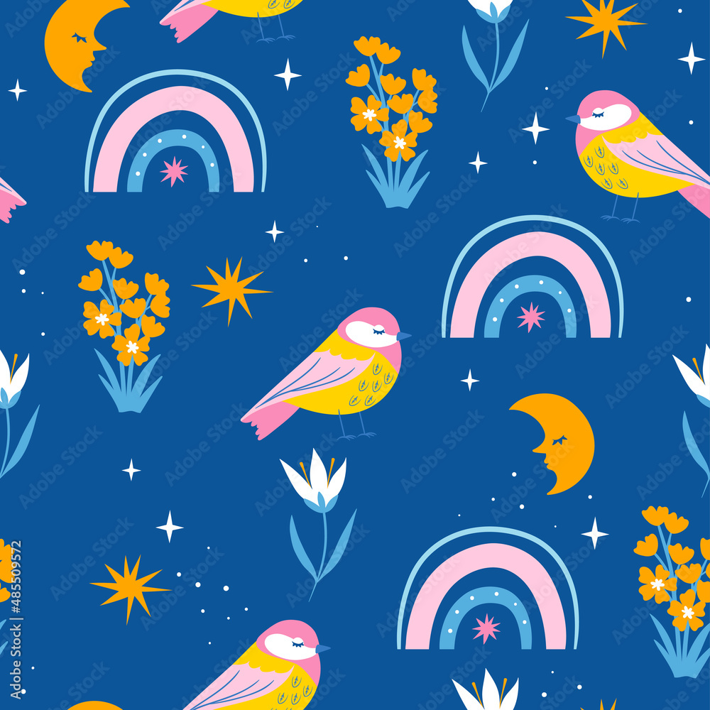 Fototapeta premium Seamless pattern with cute birds, rainbows and flowers. Vector graphics.