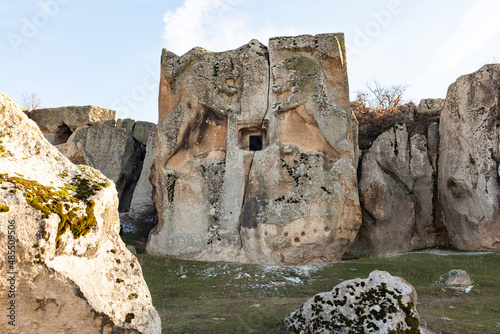 Ihsaniye, Afyon, Turkey - March 12 2021: Phrygian valley, Midas monument and rock tombs