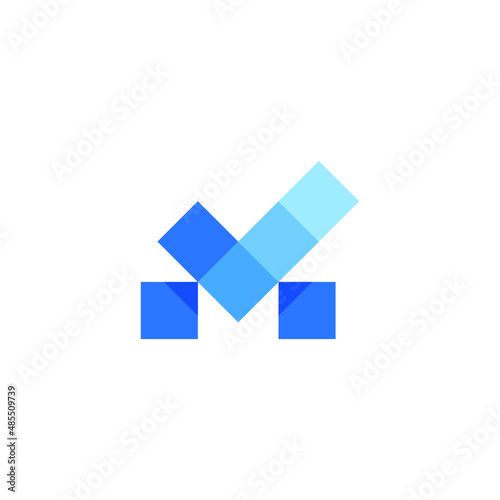 M letter with checkmark and pixel box logo design vector