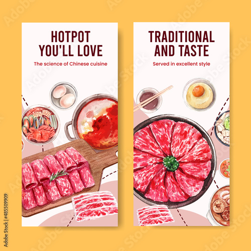 Flyer template with Chinese hotpot concept,watercolor photo