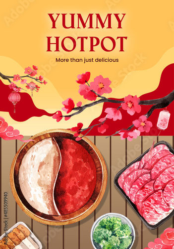 Poster template with Chinese hotpot concept,watercolor