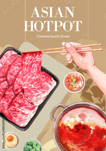 Poster template with Chinese hotpot concept,watercolor