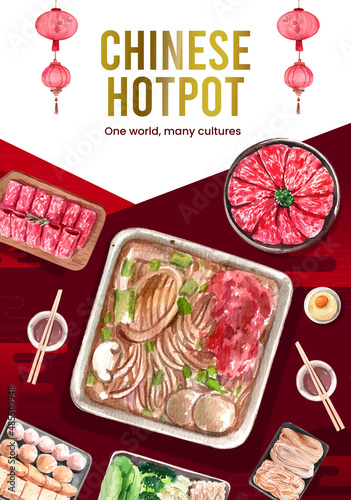 Poster template with Chinese hotpot concept,watercolor