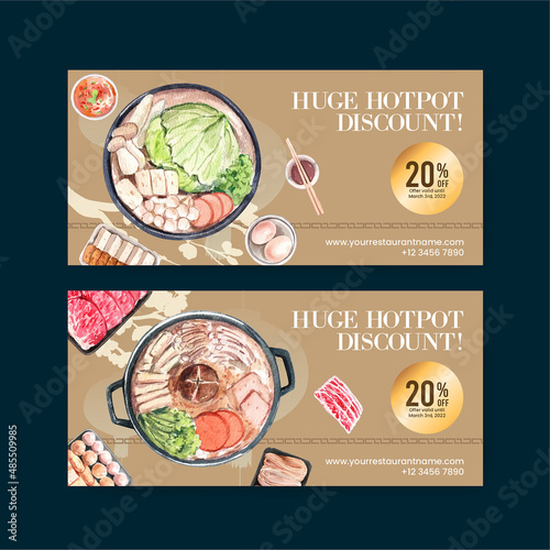 Voucher template with Chinese hotpot concept,watercolor