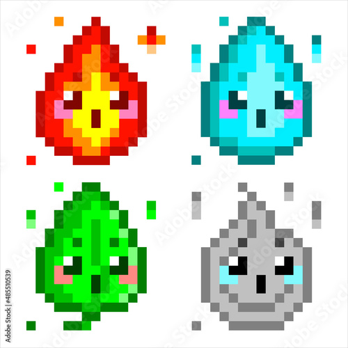 Nature elementals vector pixel art. Four classical elements - earth, water, air, fire. Cute game design icons