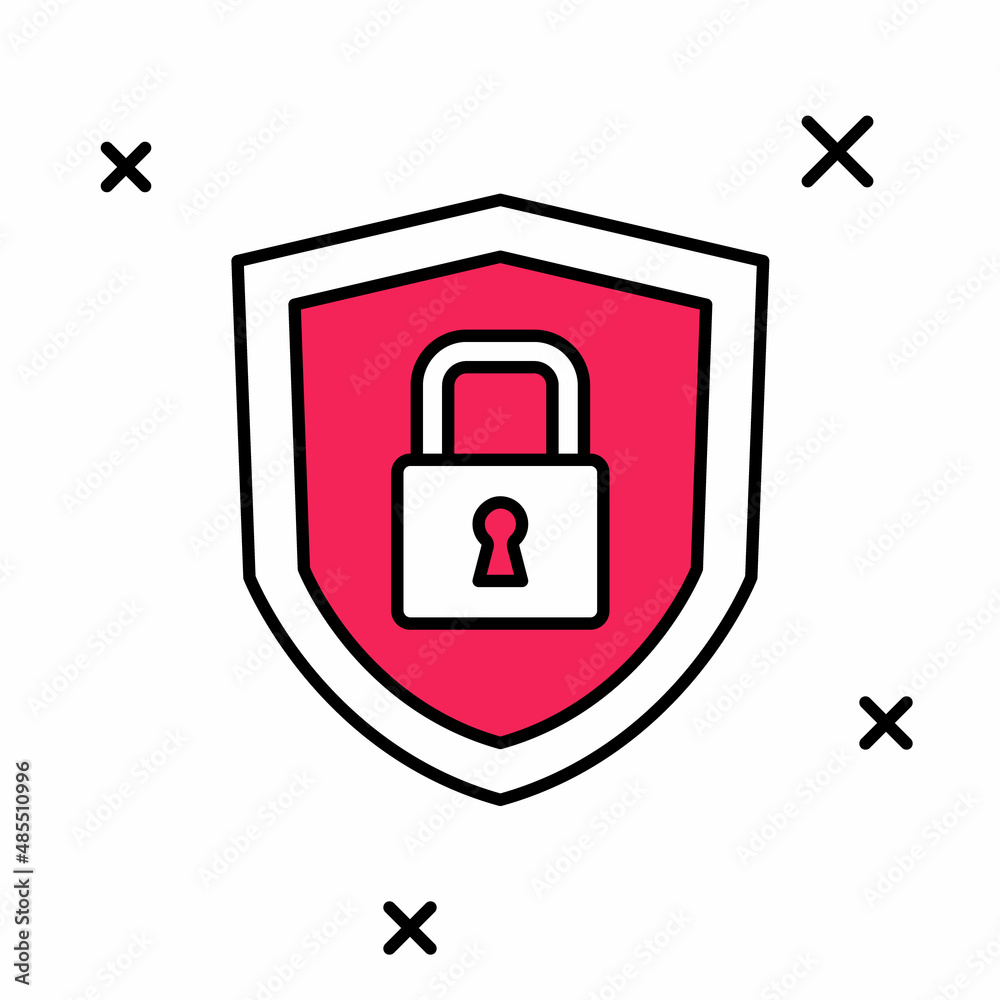Filled outline Shield security with lock icon isolated on white background. Protection, safety, password security. Firewall access privacy sign. Vector Filled outline Shield security with lock icon isolated on white background. Protection, safety, password security. Firewall access privacy sign. Vector